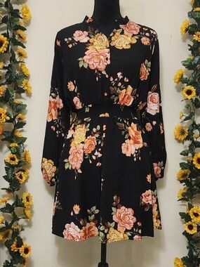 Rue21 Black Floral Long-Sleeve Smocked-Waist Dress